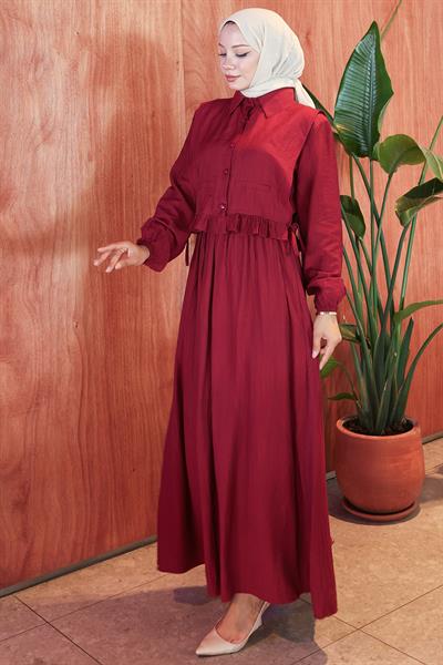 Bolerolu Fırfırlı Beli Lastikli Elbise Bordo HM2804