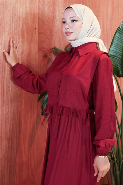 Bolerolu Fırfırlı Beli Lastikli Elbise Bordo HM2804