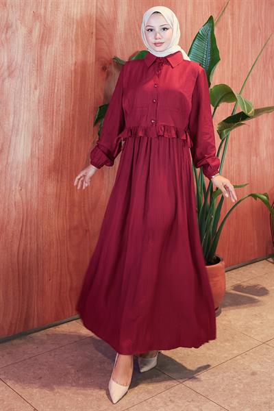 Bolerolu Fırfırlı Beli Lastikli Elbise Bordo HM2804