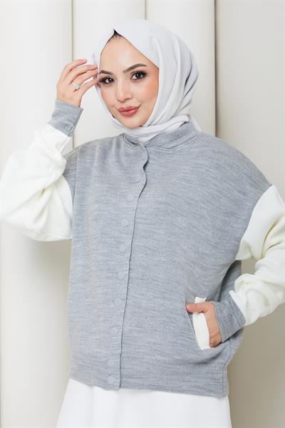 Bomber Yaka Triko Hırka Gri HM262615