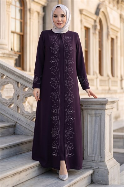 Boncuk Taşlı Büyük Beden Anne Elbisesi Mürdüm HM2952