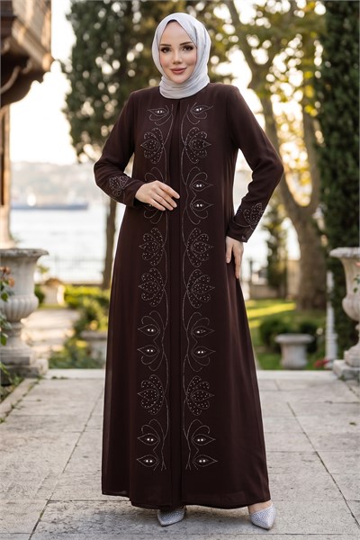 Boncuk Taşlı Büyük Beden Anne Elbisesi Kahverengi HM2952