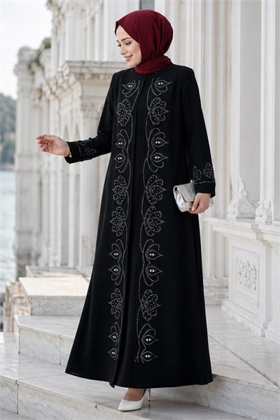 Boncuk Taşlı Büyük Beden Anne Elbisesi Siyah HM2952