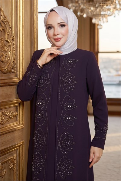 Boncuk Taşlı Büyük Beden Anne Elbisesi Mürdüm HM2952