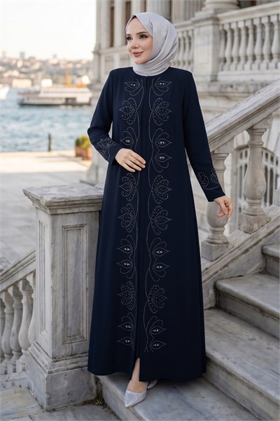 Boncuk Taşlı Büyük Beden Anne Elbisesi Lacivert HM2952