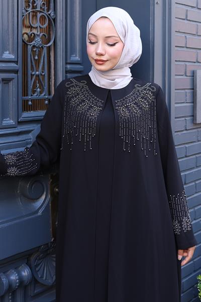 Boncuk ve Taşlı Büyük Beden Anne Elbisesi Siyah HM2769