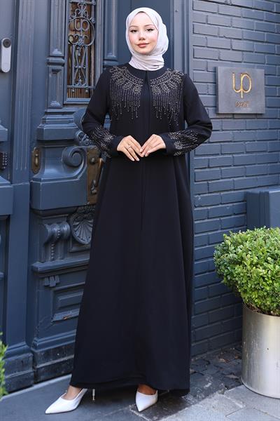 Boncuk ve Taşlı Büyük Beden Anne Elbisesi Siyah HM2769