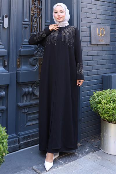Boncuk ve Taşlı Büyük Beden Anne Elbisesi Siyah HM2769