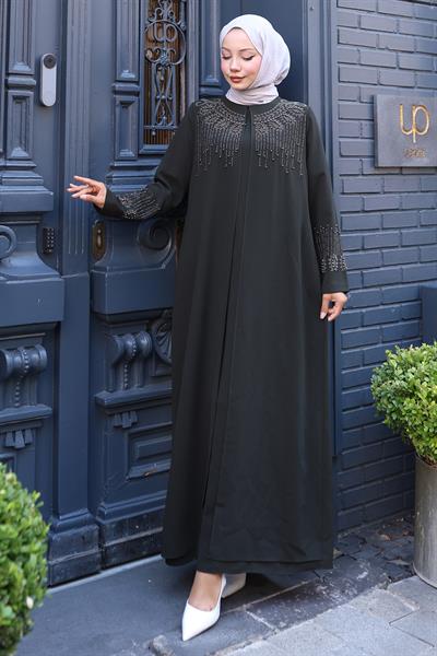 Boncuk ve Taşlı Büyük Beden Anne Elbisesi Haki HM2769