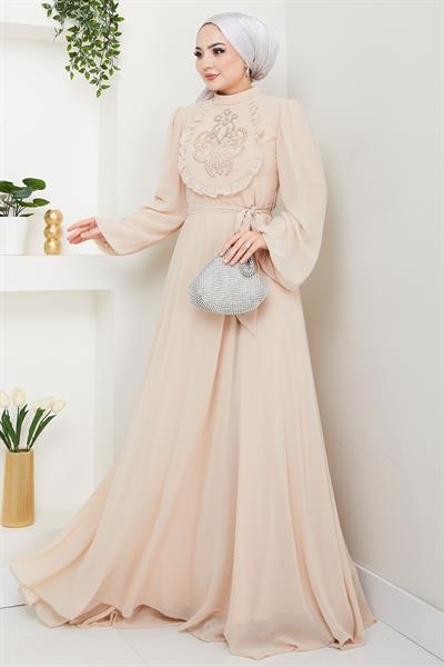 Boncuklu Şifon Abiye Elbise Bej HM2667