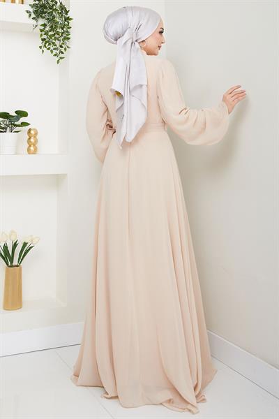 Boncuklu Şifon Abiye Elbise Bej HM2667