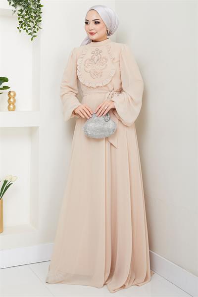Boncuklu Şifon Abiye Elbise Bej HM2667