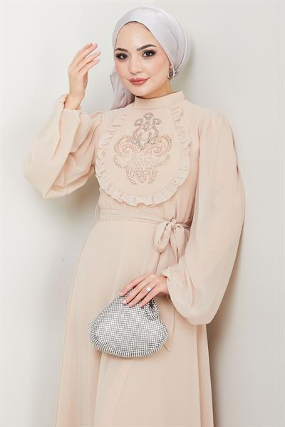 Boncuklu Şifon Abiye Elbise Bej HM2667
