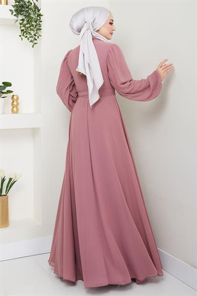 Boncuklu Şifon Abiye Elbise Gül Kurusu HM2667