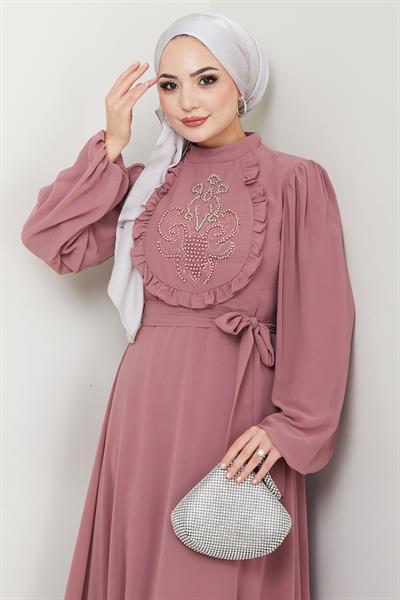 Boncuklu Şifon Abiye Elbise Gül Kurusu HM2667