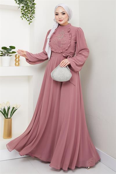 Boncuklu Şifon Abiye Elbise Gül Kurusu HM2667