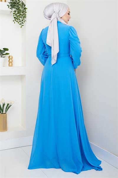 Boncuklu Şifon Abiye Elbise Mavi HM2667