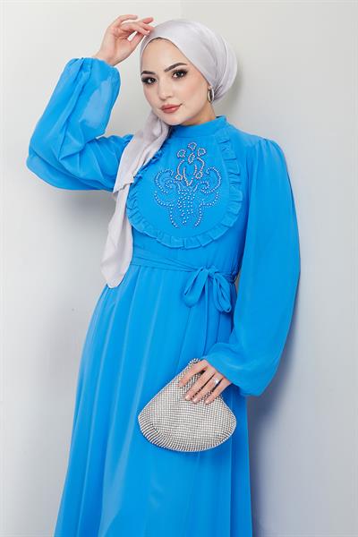 Boncuklu Şifon Abiye Elbise Mavi HM2667