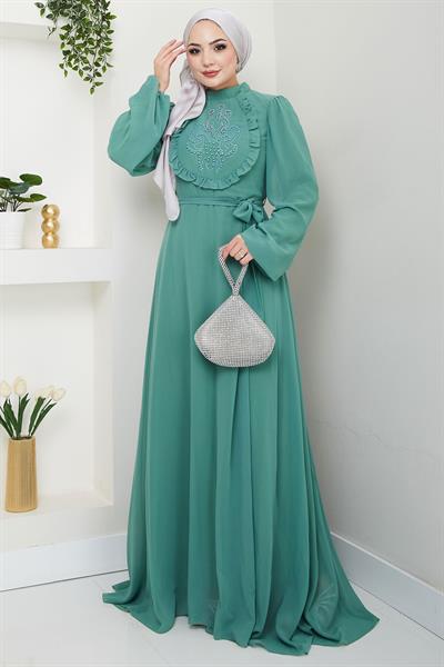 Boncuklu Şifon Abiye Elbise Mint HM2667