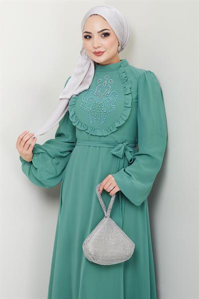 Boncuklu Şifon Abiye Elbise Mint HM2667