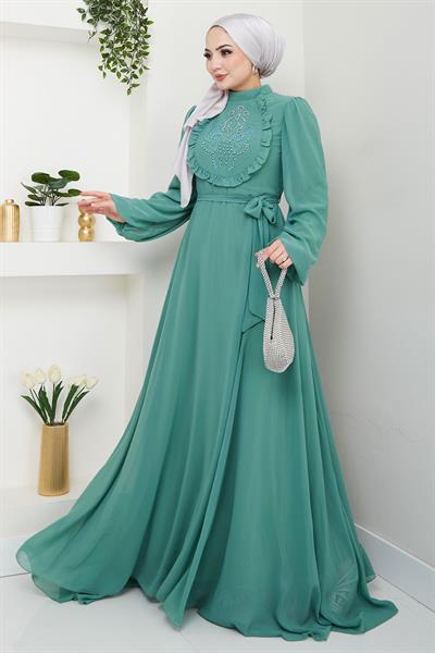Boncuklu Şifon Abiye Elbise Mint HM2667