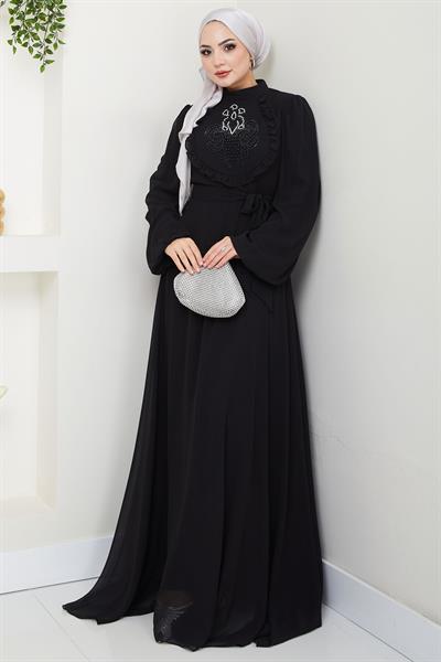 Boncuklu Şifon Abiye Elbise Siyah HM2667