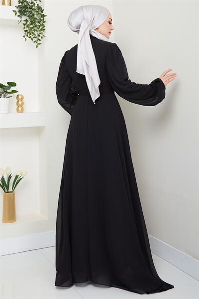 Boncuklu Şifon Abiye Elbise Siyah HM2667