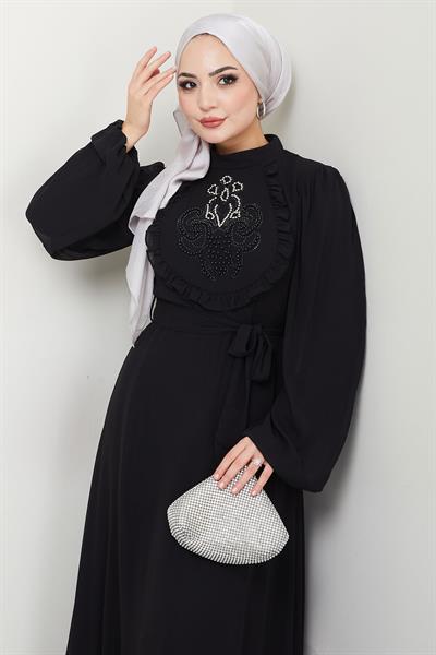 Boncuklu Şifon Abiye Elbise Siyah HM2667