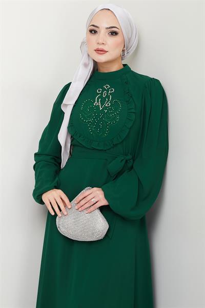 Boncuklu Şifon Abiye Elbise Zümrüt HM2667