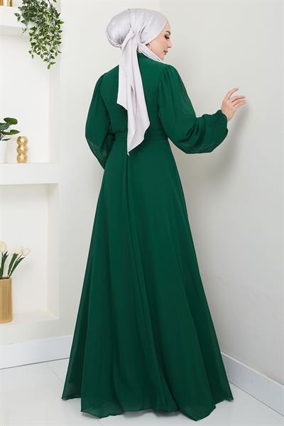 Boncuklu Şifon Abiye Elbise Zümrüt HM2667