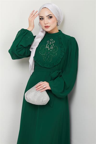 Boncuklu Şifon Abiye Elbise Zümrüt HM2667