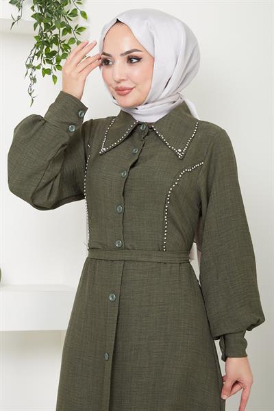 Boncuklu Sofia Elbise Haki HM2476
