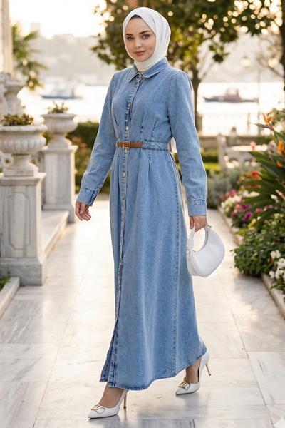 Boydan Düğmeli Kemerli Kot Elbise Açık Mavi HM2899