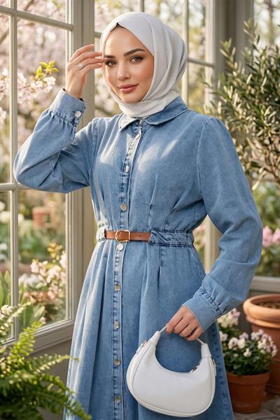 Boydan Düğmeli Kemerli Kot Elbise Açık Mavi HM2899