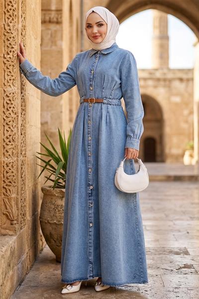 Boydan Düğmeli Kemerli Kot Elbise Açık Mavi HM2899