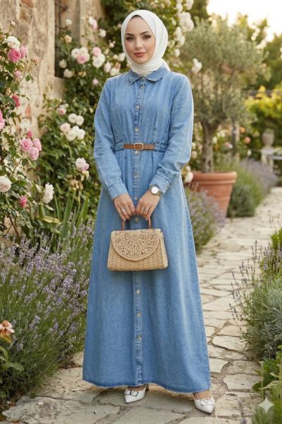 Boydan Düğmeli Kemerli Kot Elbise Açık Mavi HM2899