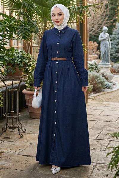 Boydan Düğmeli Kemerli Kot Elbise Koyu Mavi HM2899