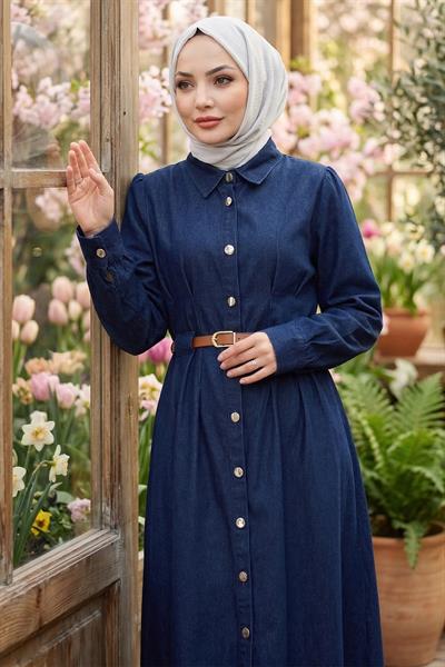 Boydan Düğmeli Kemerli Kot Elbise Koyu Mavi HM2899