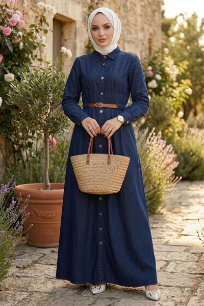 Boydan Düğmeli Kemerli Kot Elbise Koyu Mavi HM2899