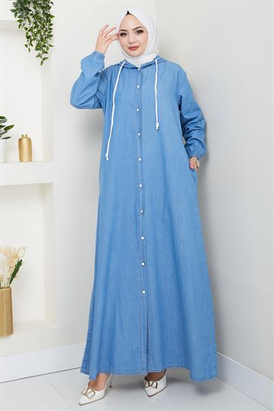 Boydan Düğmeli Kot Ferace Açık Mavi HM2715