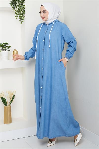 Boydan Düğmeli Kot Ferace Açık Mavi HM2715