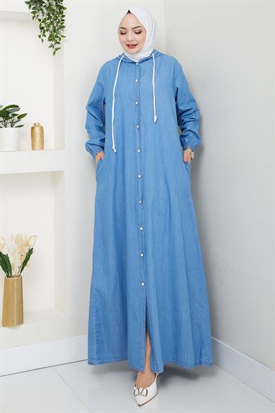 Boydan Düğmeli Kot Ferace Açık Mavi HM2715