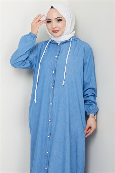 Boydan Düğmeli Kot Ferace Açık Mavi HM2715