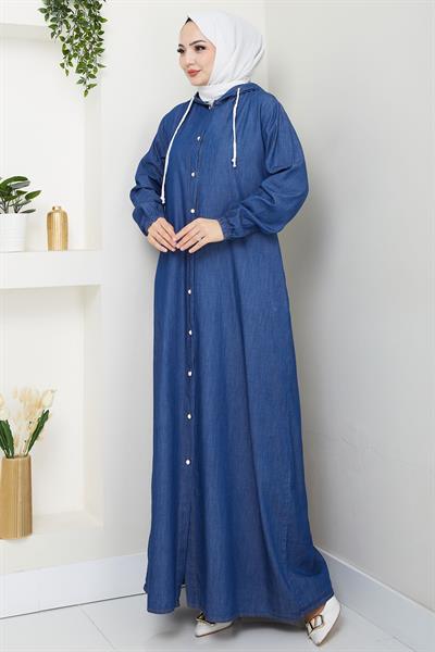 Boydan Düğmeli Kot Ferace Koyu Mavi HM2715
