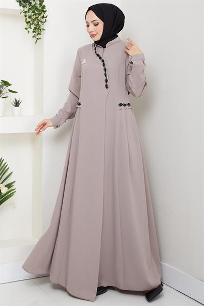 Broşlu Büyük Beden Ferace Bej HM2843