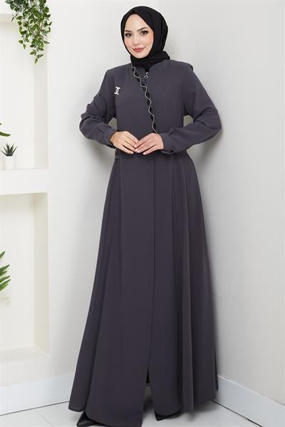 Broşlu Büyük Beden Ferace Füme  HM2843