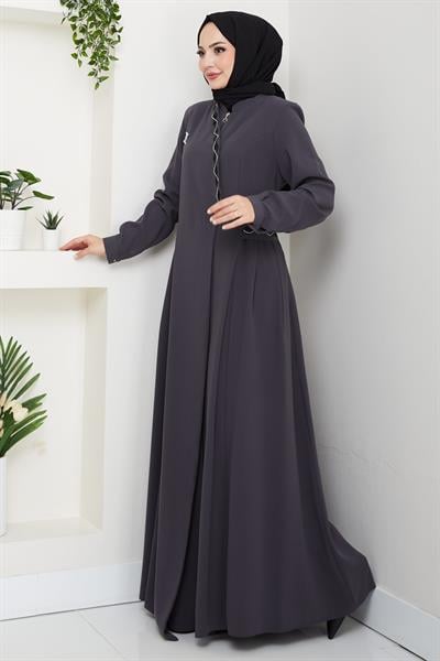 Broşlu Büyük Beden Ferace Füme  HM2843