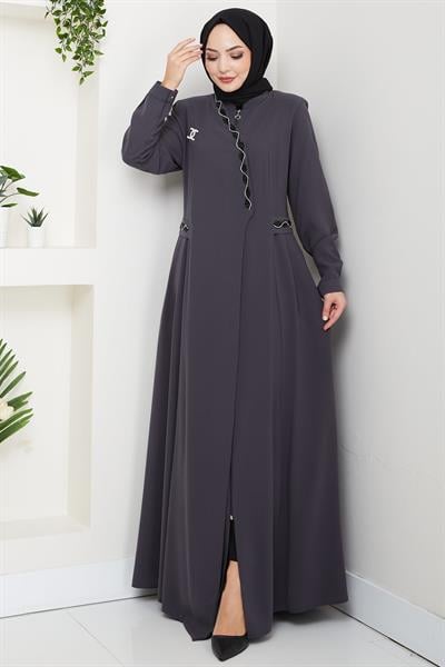 Broşlu Büyük Beden Ferace Füme  HM2843