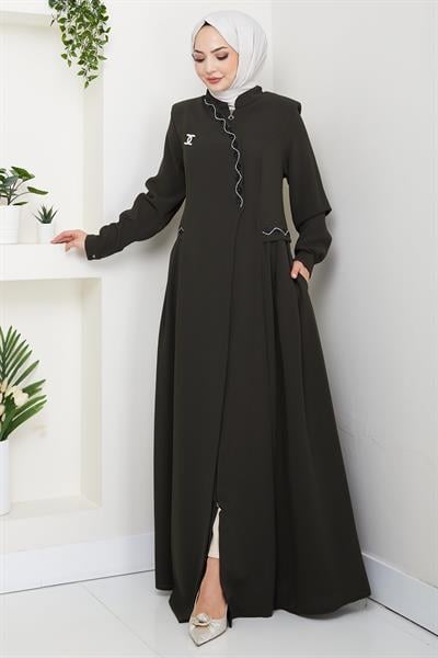 Broşlu Büyük Beden Ferace Haki HM2843