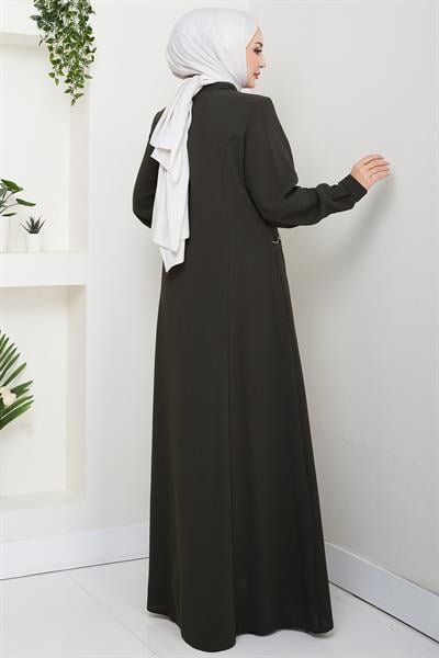 Broşlu Büyük Beden Ferace Haki HM2843